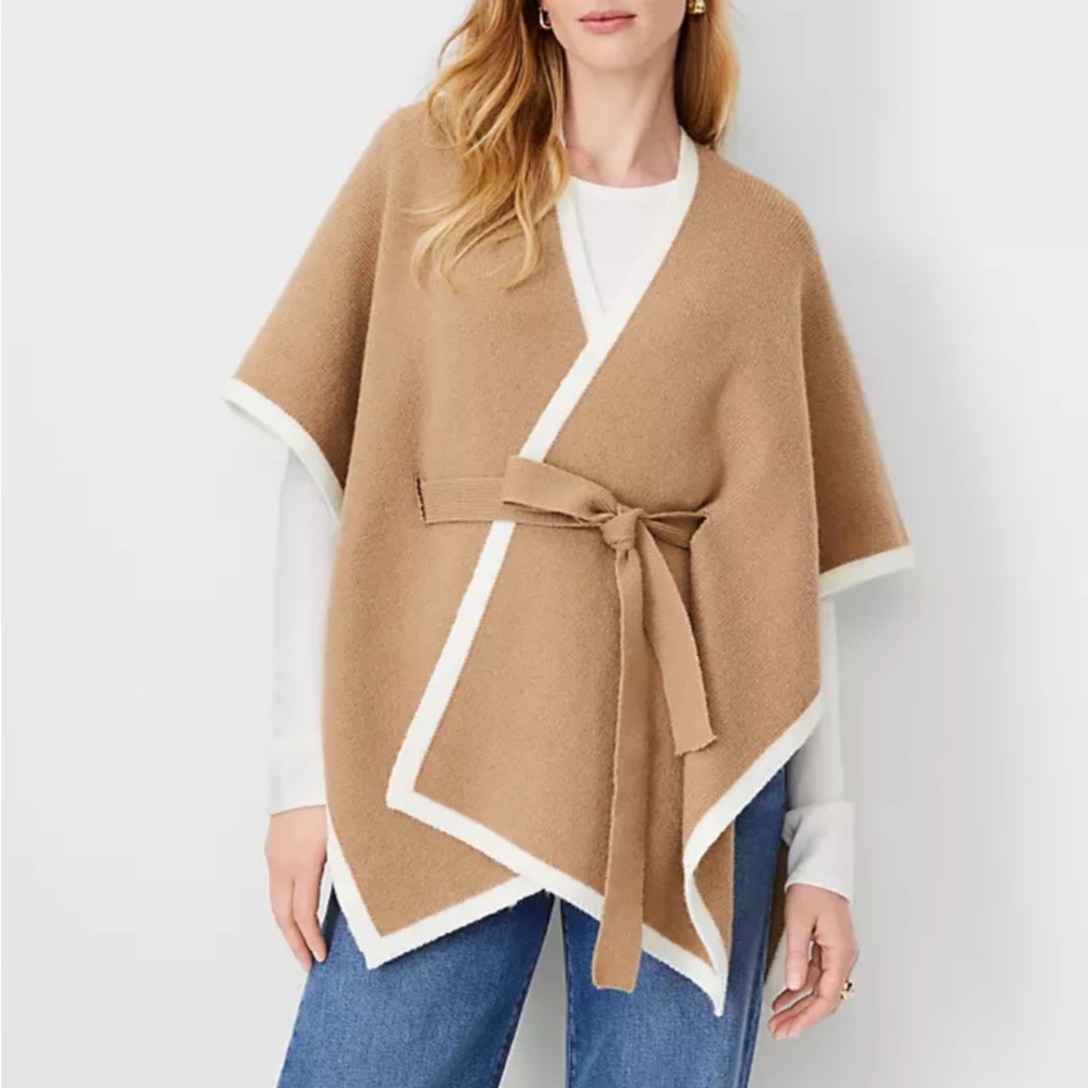 Ann Taylor Tan and White Belted Wrap Sweater Poncho